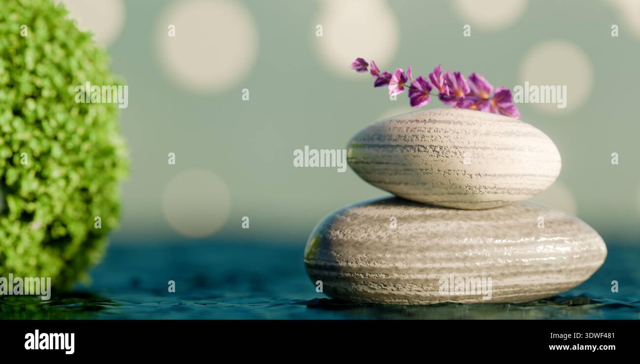 Due pietre lisce impilate con un fiore di lavanda in cima vicino a una pianta verde, a simboleggiare la calma e l'equilibrio. rendering 3d. Foto Stock