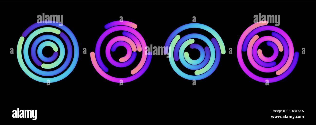 Cornice circolare al neon con anelli sfumati brillanti in blu, viola e rosa. Effetto luminoso astratto per un design digitale futuristico con un arcobaleno vibrante Illustrazione Vettoriale