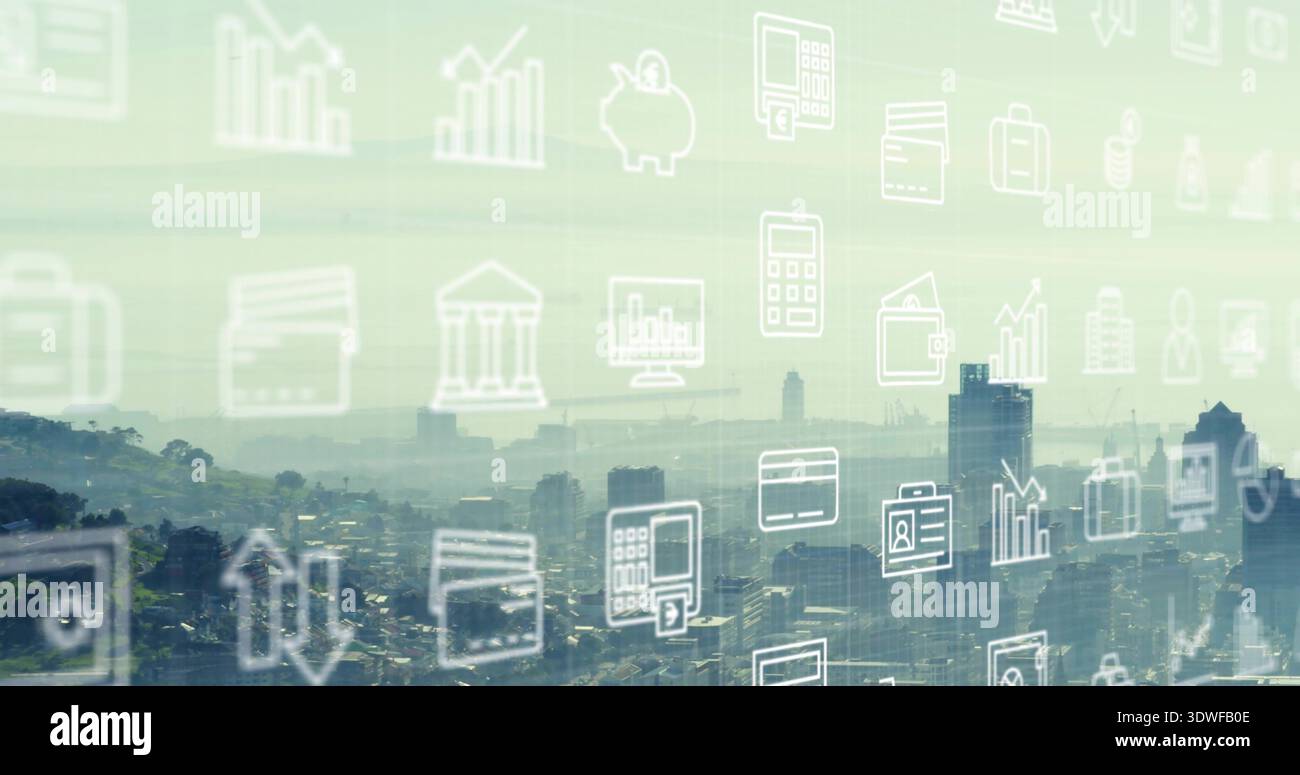 Icone finanziarie fluttuanti con linee bianche che si sovrappongono a quelle digitali da una finestra alta su edifici e colline Foto Stock