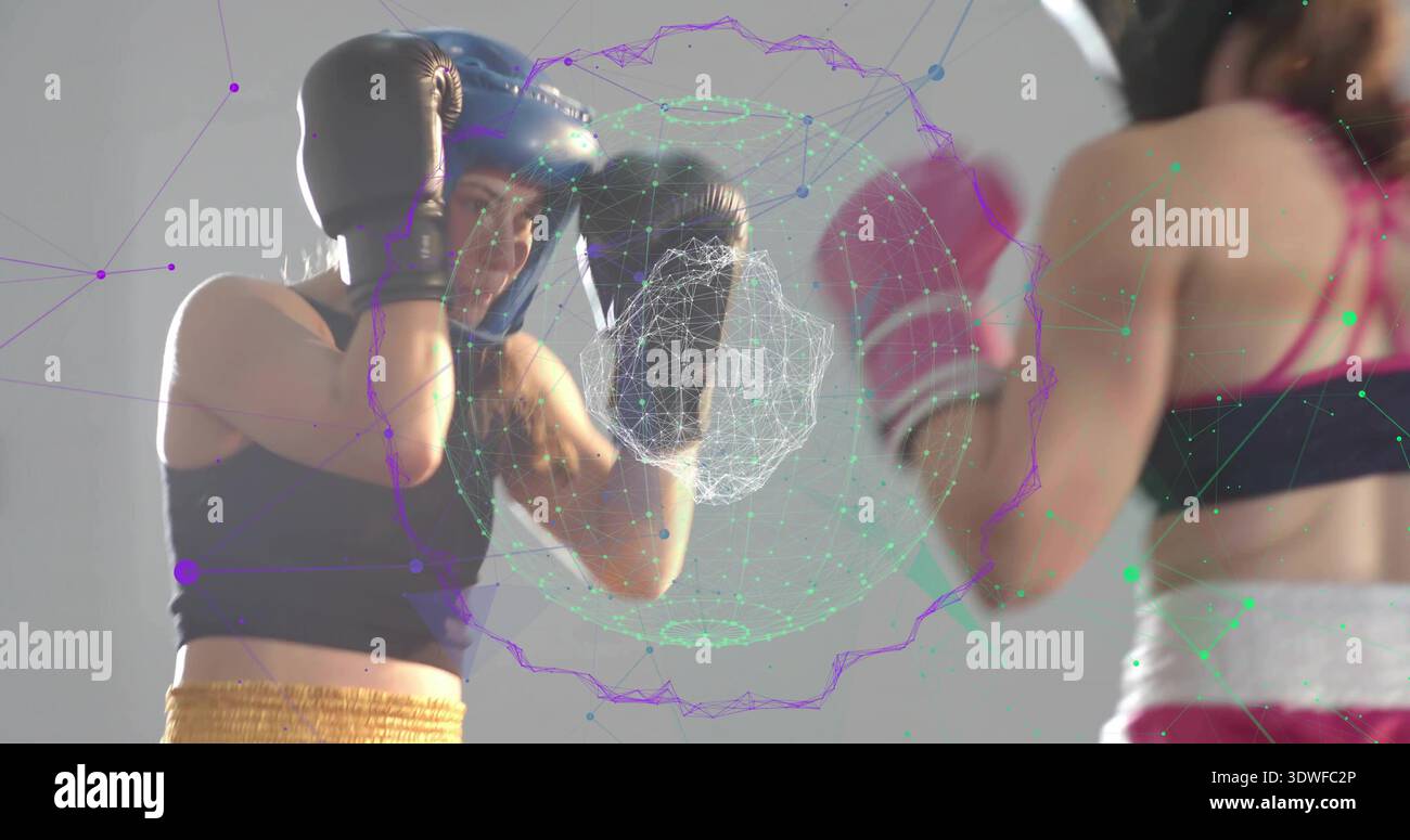 Pugile sparring con guanti in palestra, con bretelle di fissaggio blu, pantaloncini dorati, wireframe, spazio per copiare Foto Stock