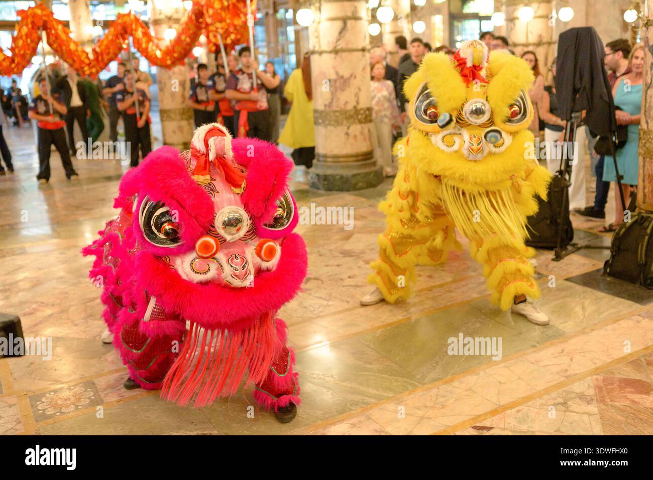 Danza tradizionale del drago e del leone alla celebrazione cinese del Capodanno del Fire Horse. Edificio del Molino, Buenos Aires. 24 febbraio 2026. Foto Stock