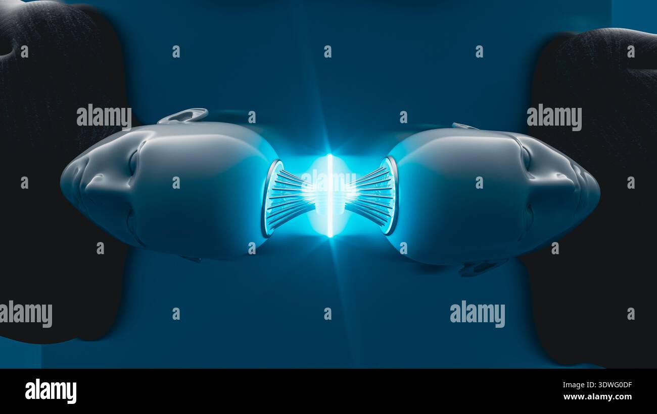 Due testine android si connettono sul retro, condividendo le informazioni di intelligenza artificiale attraverso la luce. Questa scena mostra la tecnologia e la comunicazione in azione. Foto Stock