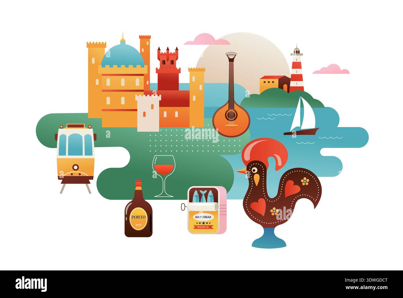 Attrazioni turistiche del Portogallo, monumenti e simboli, banner colorato, poster e sfondo da cartolina. Illustrazione Vettoriale