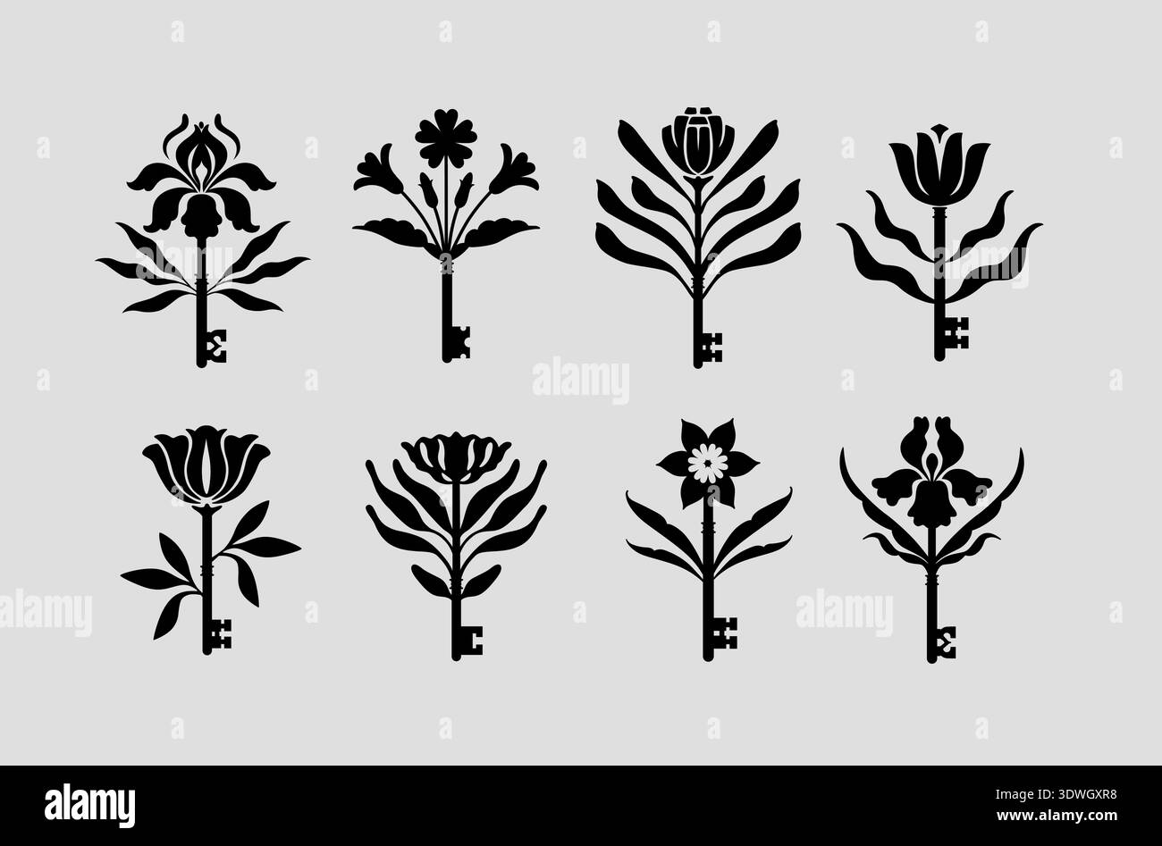 Collezione botanica di chiavi e fiori disegnata in stile floreale con colore nero su sfondo grigio Illustrazione Vettoriale
