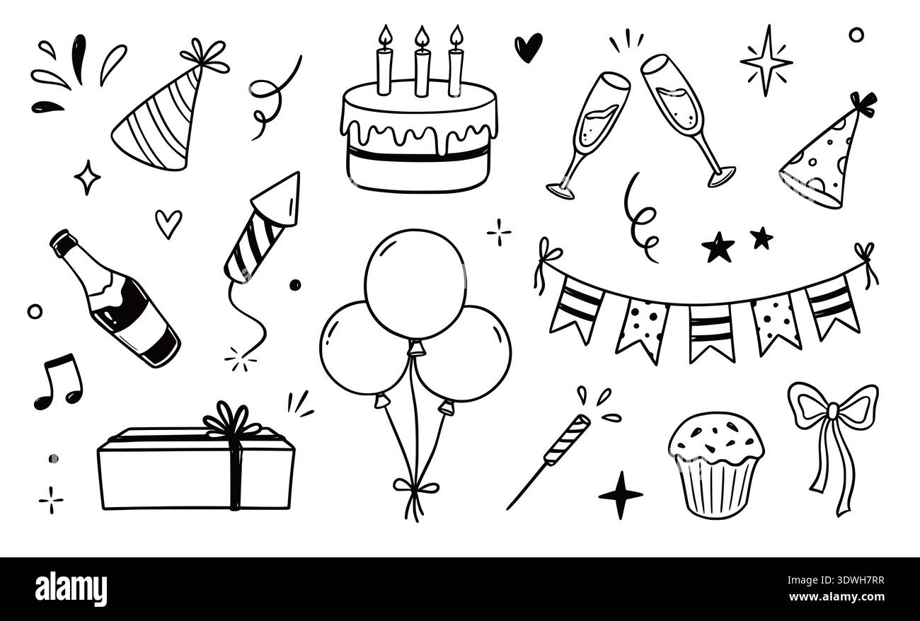 Elemento icona compleanno scarabocchio. Torta di compleanno disegnata a mano, regalo di festa, cappello da evento elemento decorativo carino. Feste, feste di carnevale. Illustrazione vettoriale Illustrazione Vettoriale