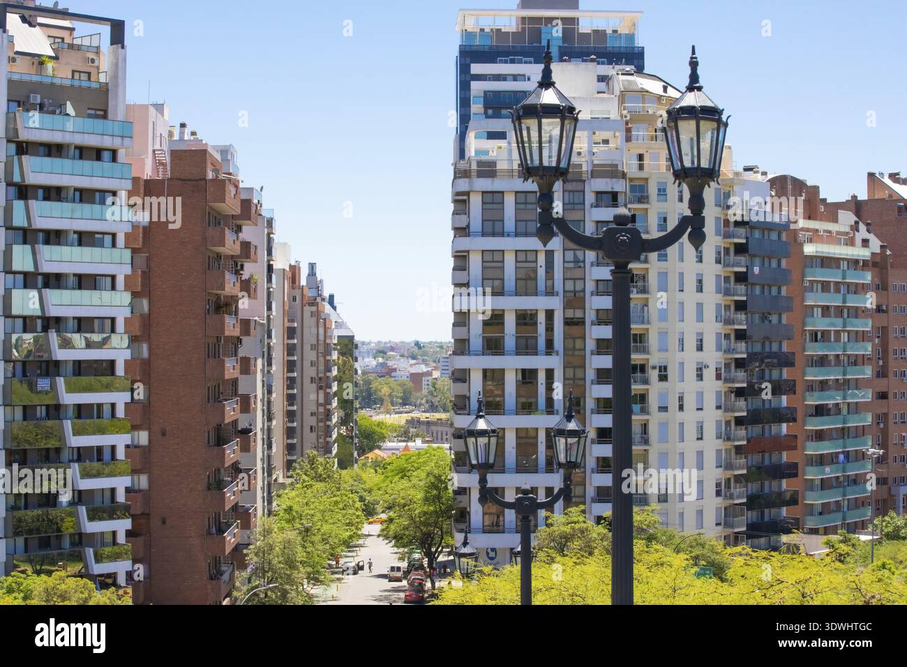 Cordoba Argentina 6 dicembre, grattacieli su San Lorenzo Avenue visti dal parco Bonpland nel centro della città. Riprese il 6 dicembre 2019, Cordoba, Arg Foto Stock