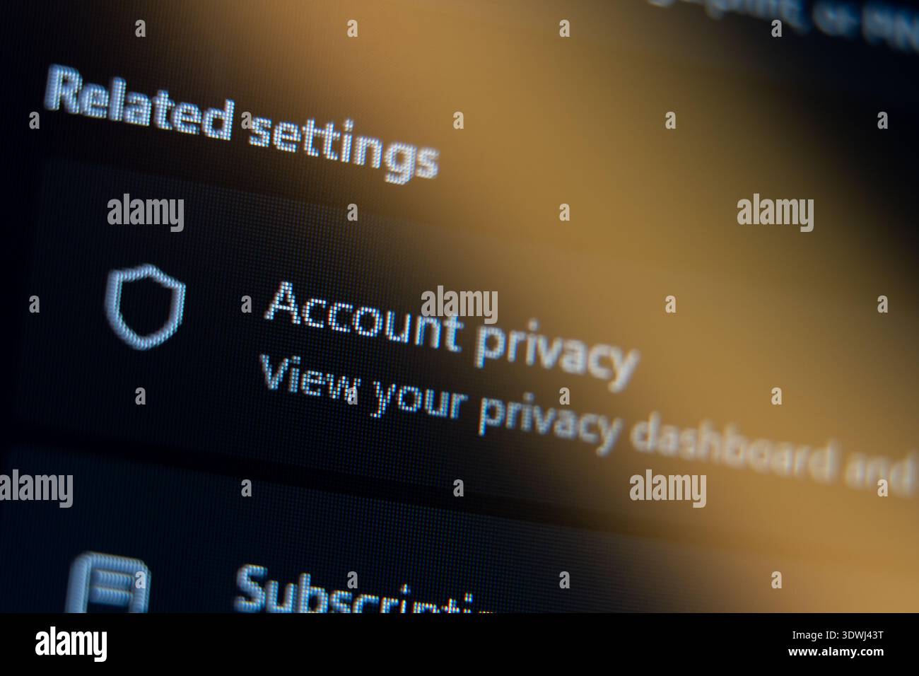 Primo piano dello schermo digitale che mostra le impostazioni di privacy dell'account e le opzioni del dashboard di sicurezza su un'interfaccia utente scura, sicurezza informatica e protezione dei dati Foto Stock