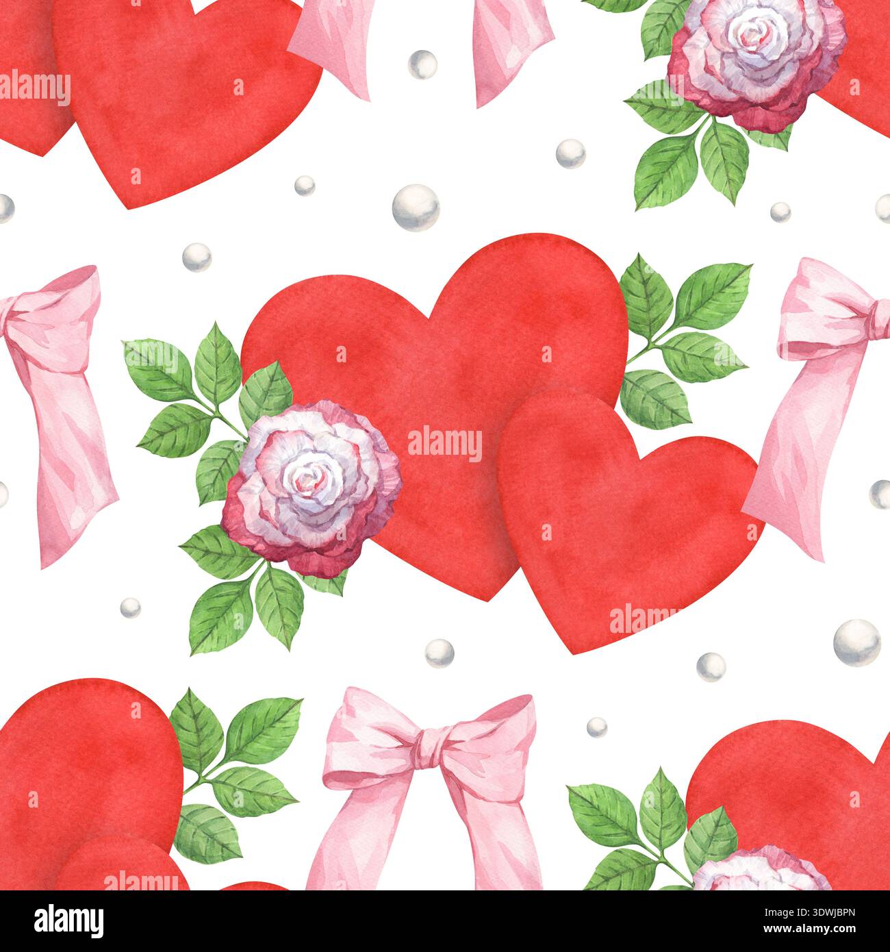 Un motivo ad acquerello senza cuciture per San Valentino con cuori e rose color acquerello Foto Stock