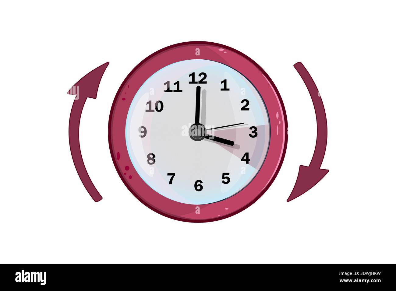 Orologio con frecce che indicano la modifica dell'ora legale. Regolazione del tempo di avanzamento della molla. Viene avviata l'ora legale. Passa a mano in estate. Vettore Illustrazione Vettoriale