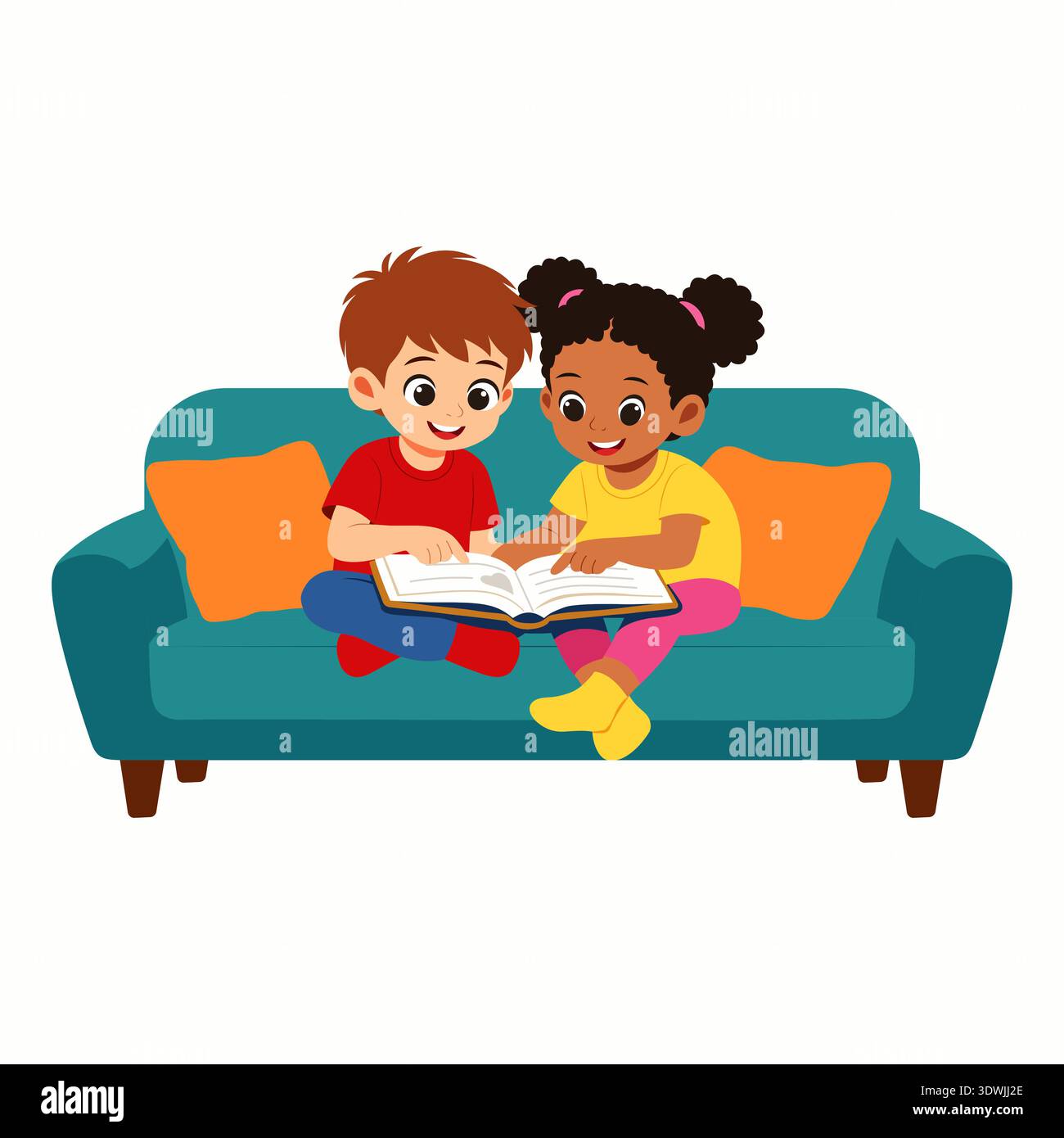 Un allegro ragazzo e una ragazza seduti su un divano di tè, che condividono un libro e si godono una storia. Questa illustrazione vettoriale cattura un momento dolce di apprendimento. Illustrazione Vettoriale