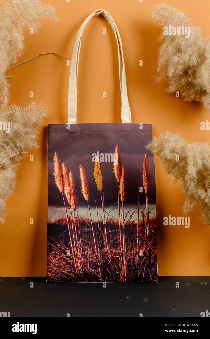 Borsa tote con stampa pampas su sfondo arancione, completata da morbidi elementi decorativi, ideale per contesti di moda e lifestyle Foto Stock