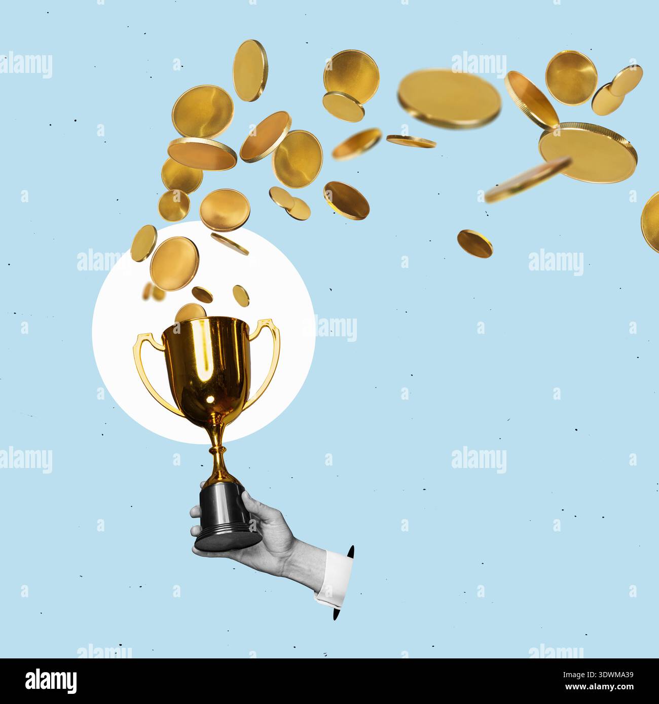 Illustrazione del design piatto. Una donna d'affari tiene le mani e solleva il trofeo della tazza, tenendo la tazza contro il dorso pulito. concetto di premio e vittoria Foto Stock