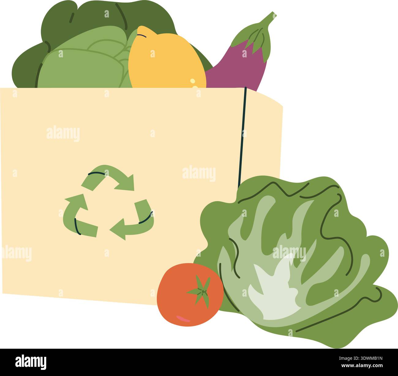 Borsa per la spesa ecologica riutilizzabile riempita di alimenti biologici e verdure. Vita sostenibile e nessun concetto di plastica. Illustrazione vettoriale piatta Cartoon isolato Illustrazione Vettoriale
