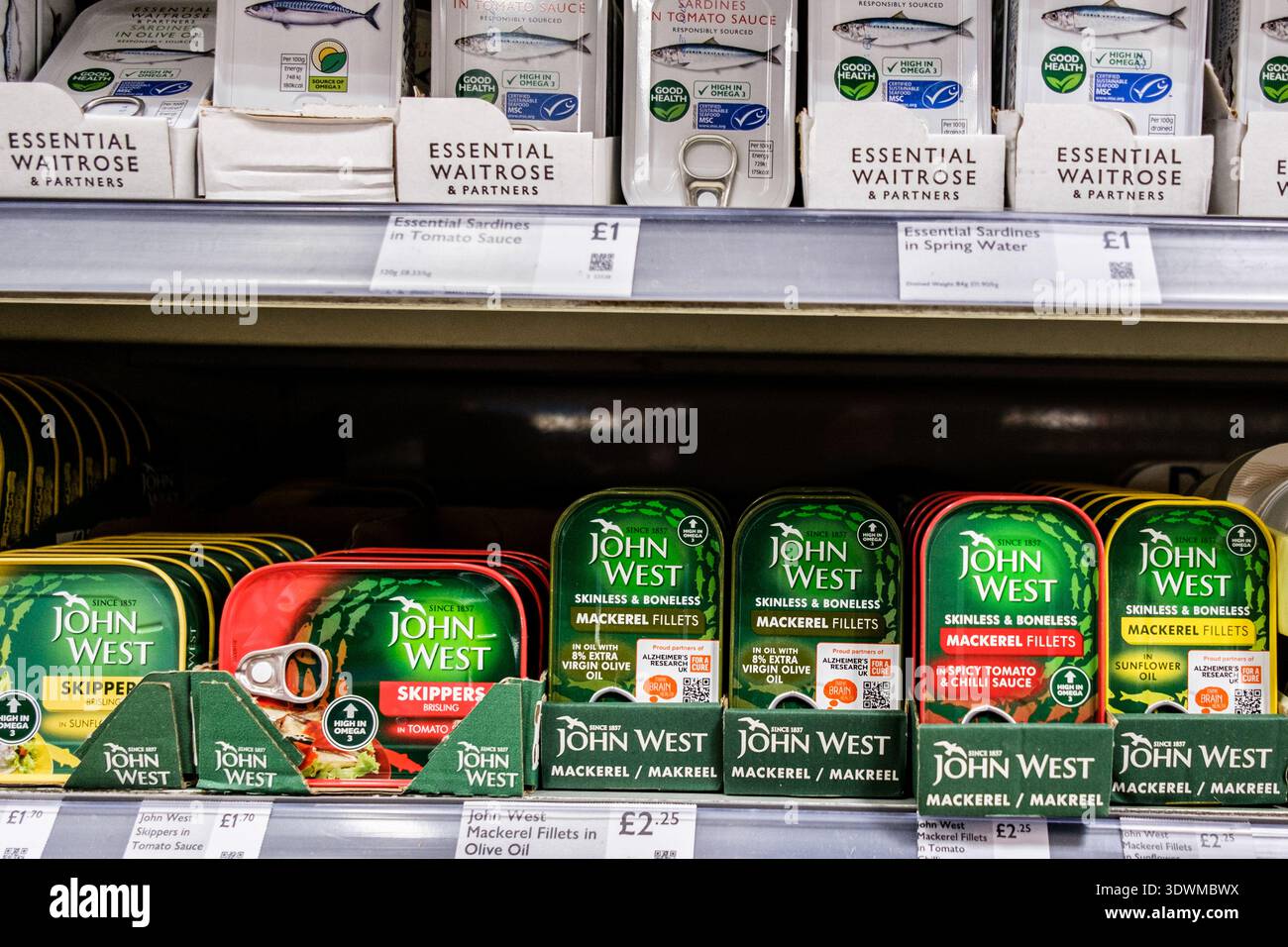 Londra Regno Unito, febbraio 27 2026, Selezione di filetti di sgombro in scatola del supermercato Waitrose Foto Stock