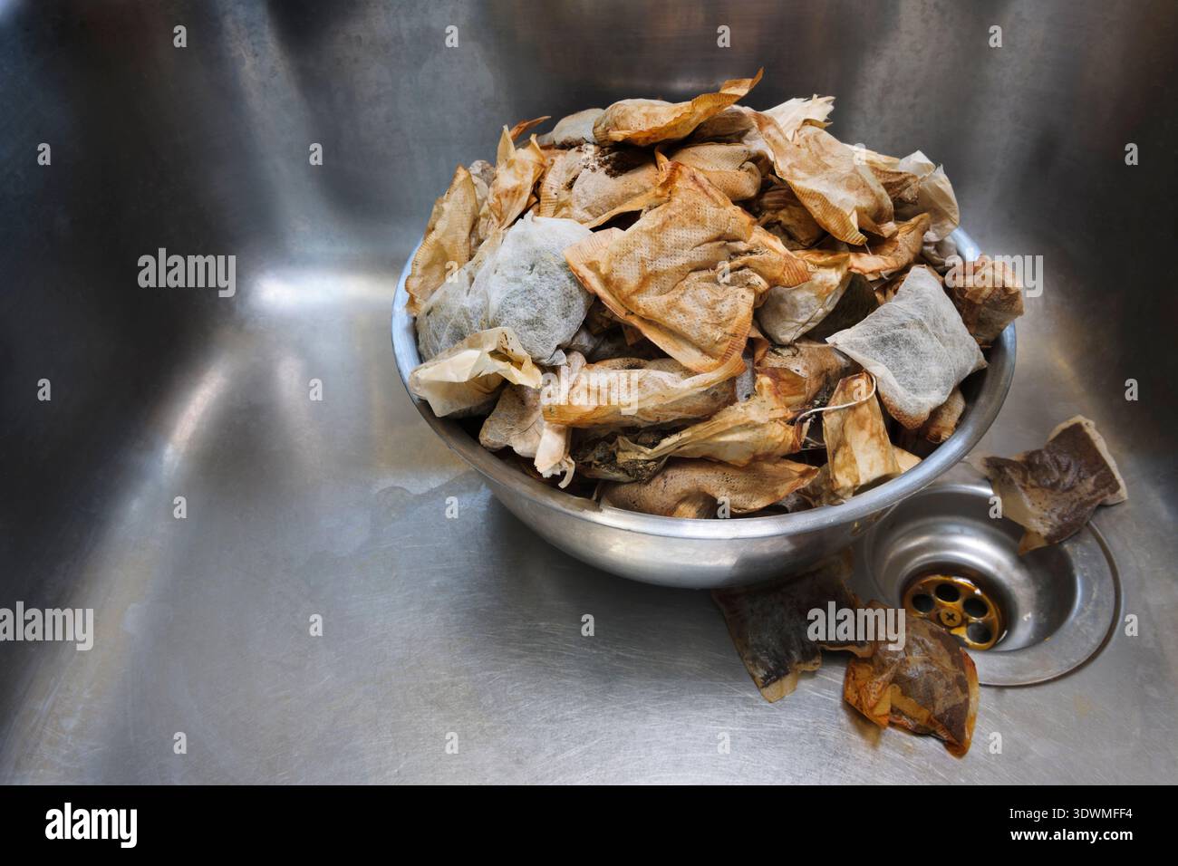 Recipiente pieno di bustine di tè usate nel lavello della cucina. Foto Stock