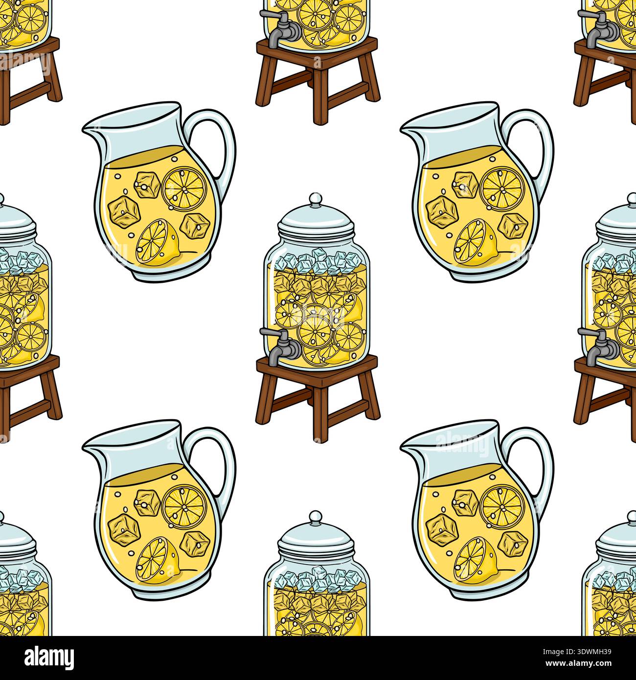 Limonata rinfrescante in caraffe e dispenser con ghiaccio e fette di limone Illustrazione Vettoriale