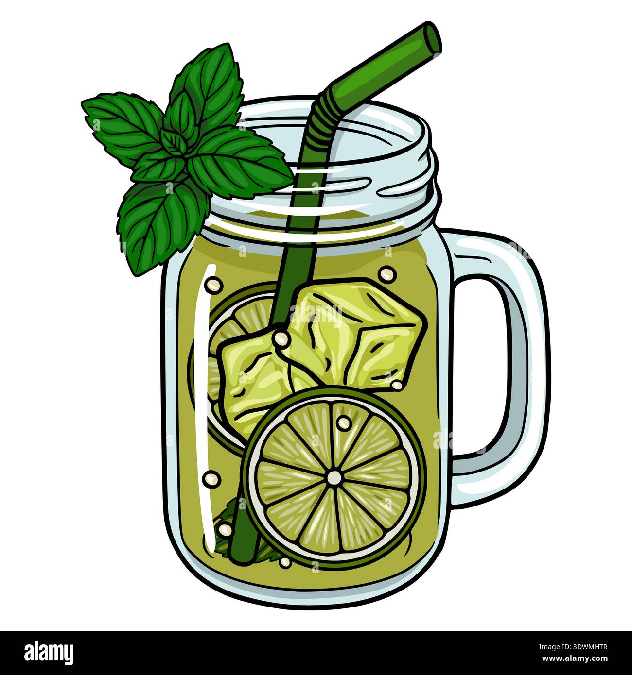 Illustrazione rinfrescante di lime e limonata alla menta in un vaso di vetro con ghiaccio e paglia Illustrazione Vettoriale
