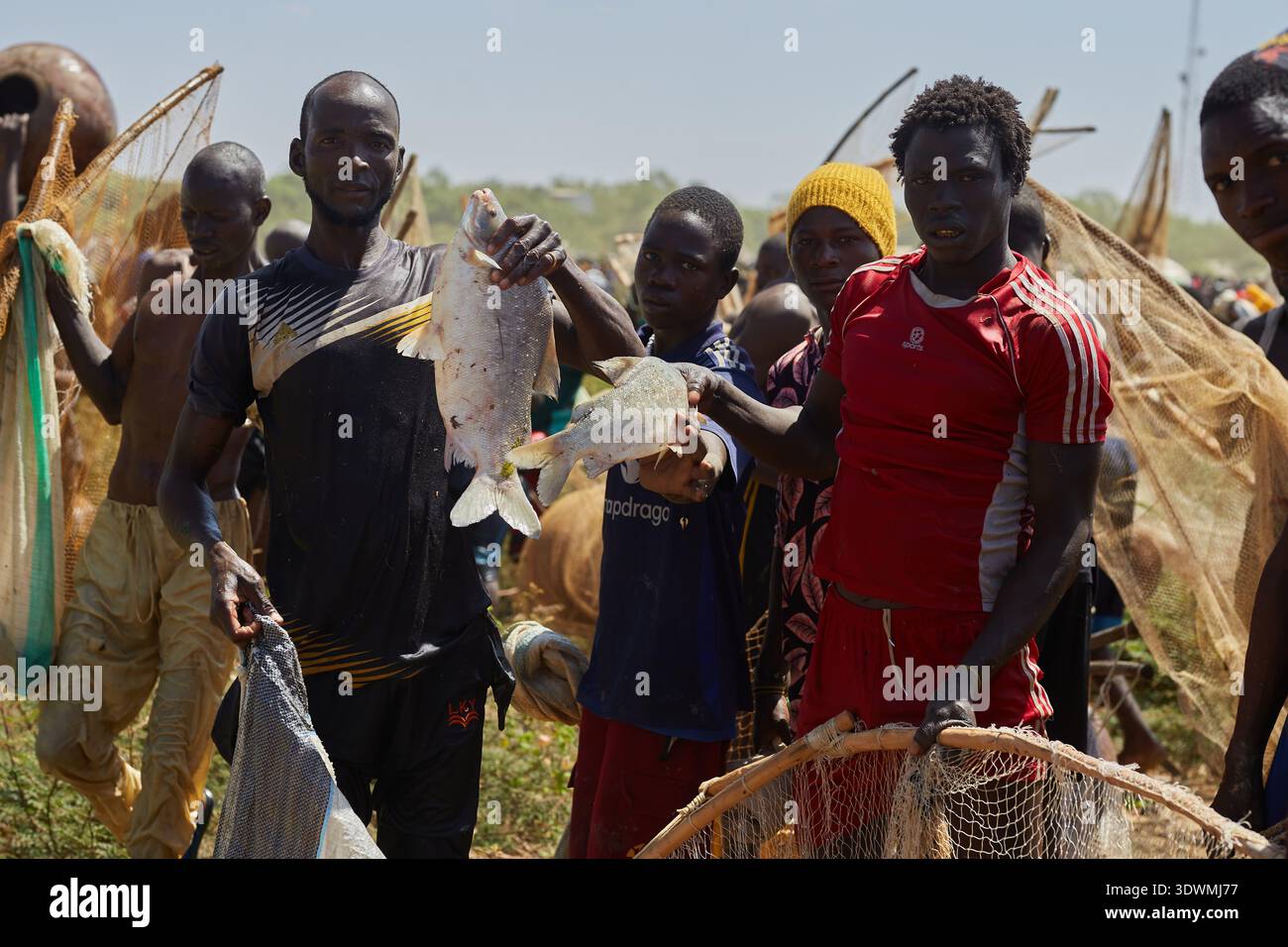 Città di Argungu, nigeriana - 14 febbraio 2026: Veduta dei pescatori che espongono con orgoglio il loro pescato sullo sfondo del fiume Mata Fada. Foto Stock