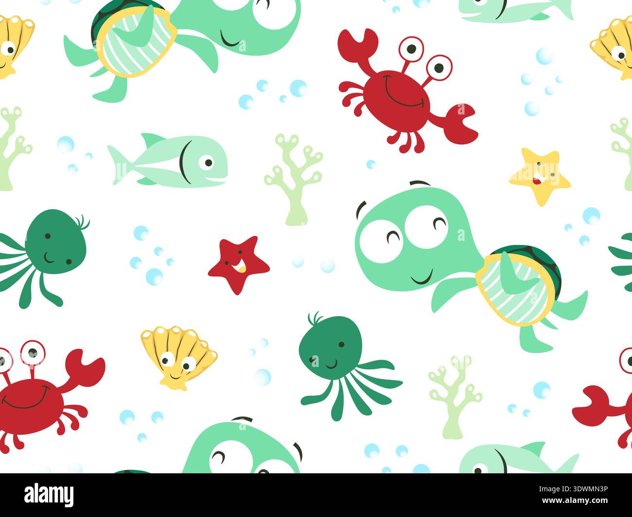 Schema senza cuciture di vari cartoni animati colorati di animali marini. Illustrazione Vettoriale