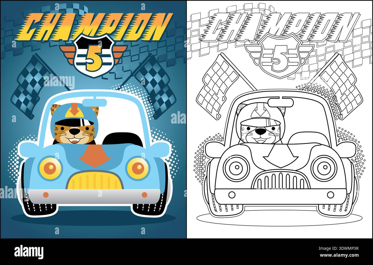 Cartoon leopardo alla guida di un'auto da corsa blu come campione vincitore. Illustrazione Vettoriale