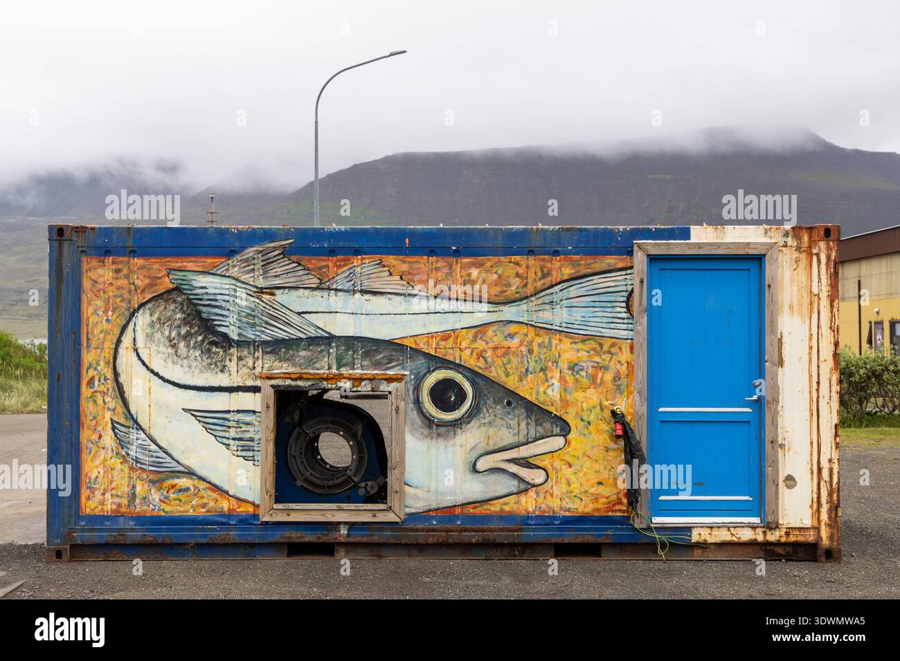 Islanda, fiordi occidentali, Bildudalur, Reykjarfjordur, pesce sul lato di un container Foto Stock