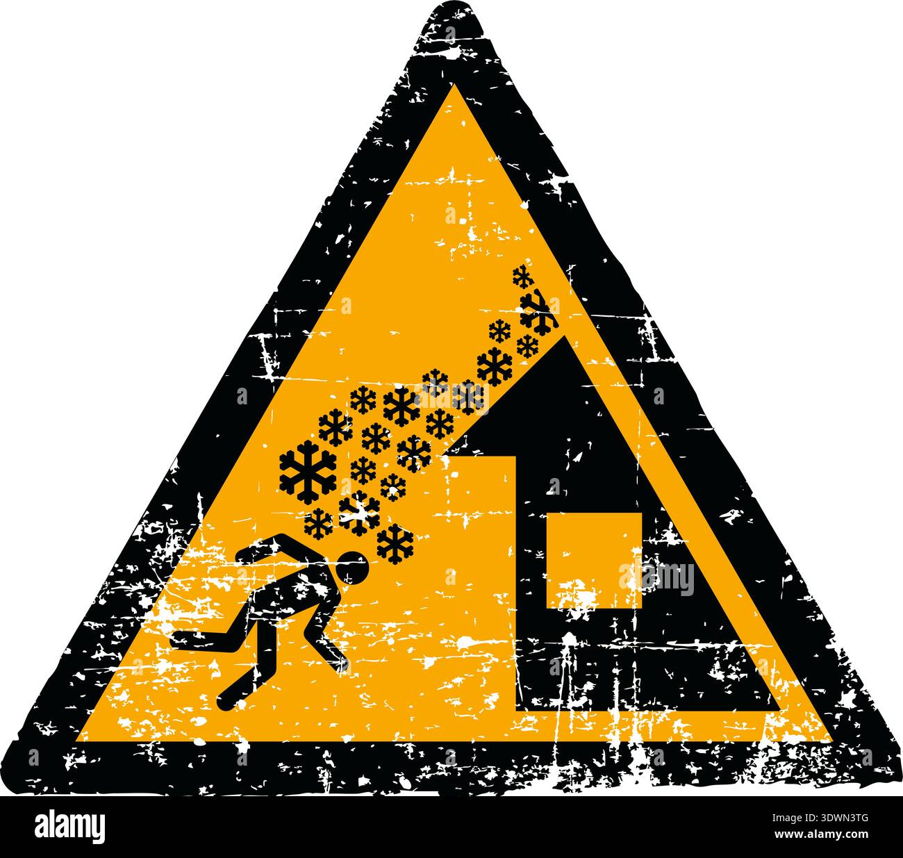 Illustrazione vettoriale di un segnale di pericolo valanga del tetto con una trama grunge. Simbolo del triangolo giallo graffito usurato che mostra lo scivolamento della neve da un tetto isolato su sfondo bianco. Conforme agli standard internazionali sui segnali di sicurezza, tra cui ISO 7010 W040 ANSI Z535 OSHA e DIN 4844. Simbolo di pericolo industriale in difficoltà per la salute sul lavoro e la sicurezza invernale. Illustrazione Vettoriale