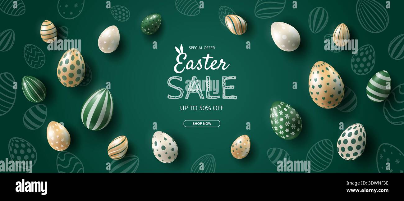 Sfondo banner saldi di Pasqua. Design per striscioni natalizi con uova decorative su sfondo verde. Illustrazione Vettoriale