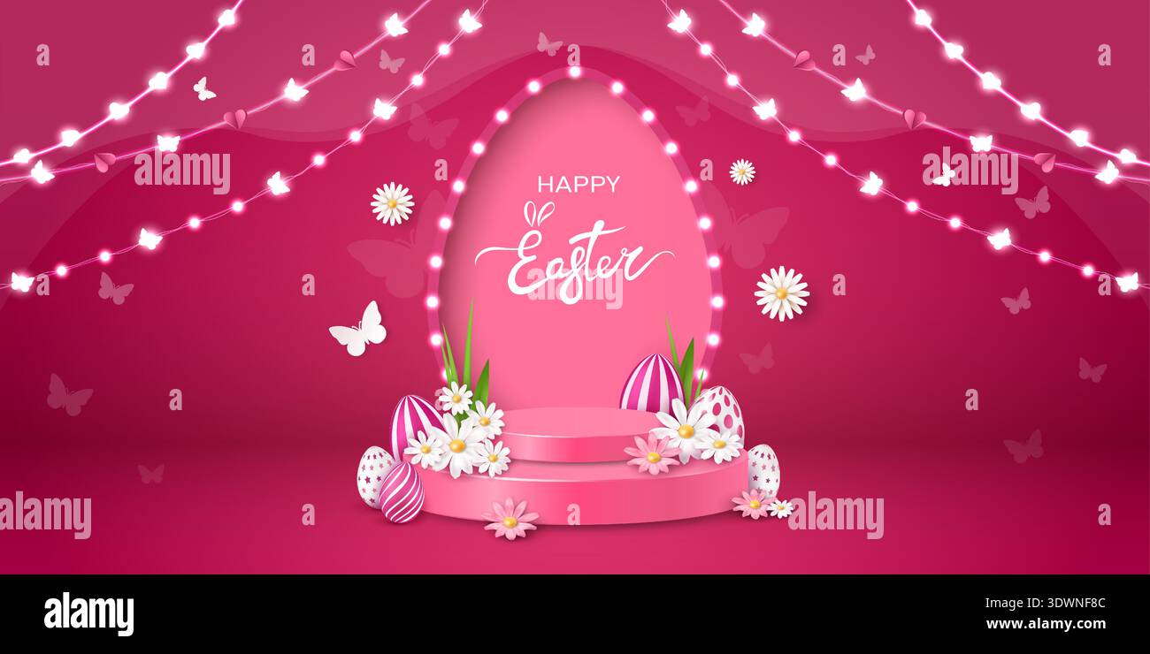 Cartolina di Pasqua con palco, podio, arco a forma di uovo e ghirlande su sfondo scarlatto. Illustrazione Vettoriale
