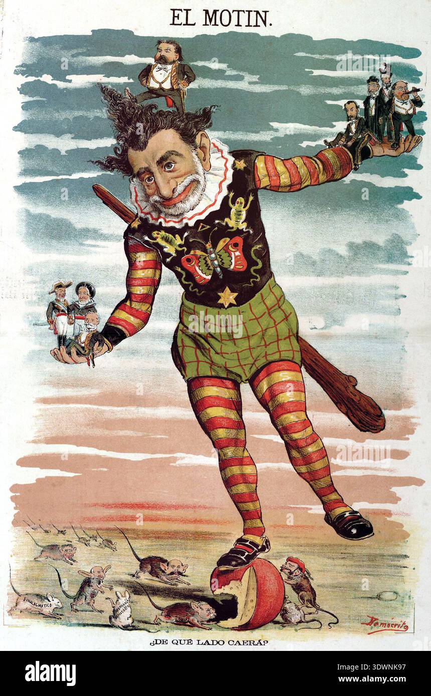 Questo cartone animato politico del 1881, intitolato "EL MOTIN" (l'ammutinamento), di Eduardo Sojo (Demócrito), raffigura una grande figura simile a un clown che si bilancia precariamente su una palla rossa, tenendo politici in miniatura nelle mani e sulla testa, mentre è circondato da topi. Questa illustrazione satirica del 21 agosto 1881, edizione della rivista  Demócrito , si interroga umoristicamente: '¿DE QUÉ LADO CAERÁ?' (Da che parte cadrà?). Foto Stock
