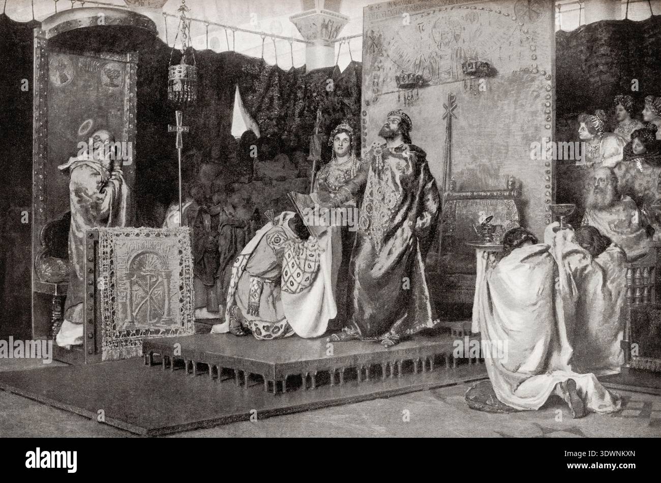La conversione di Reccared dall'arianesimo al cristianesimo niceno nel 587 d.C. Reccared i o Recared i, c. 559 – 601 d.C. Re visigoto di Hispania, Gallaecia e Septimania. Foto Stock