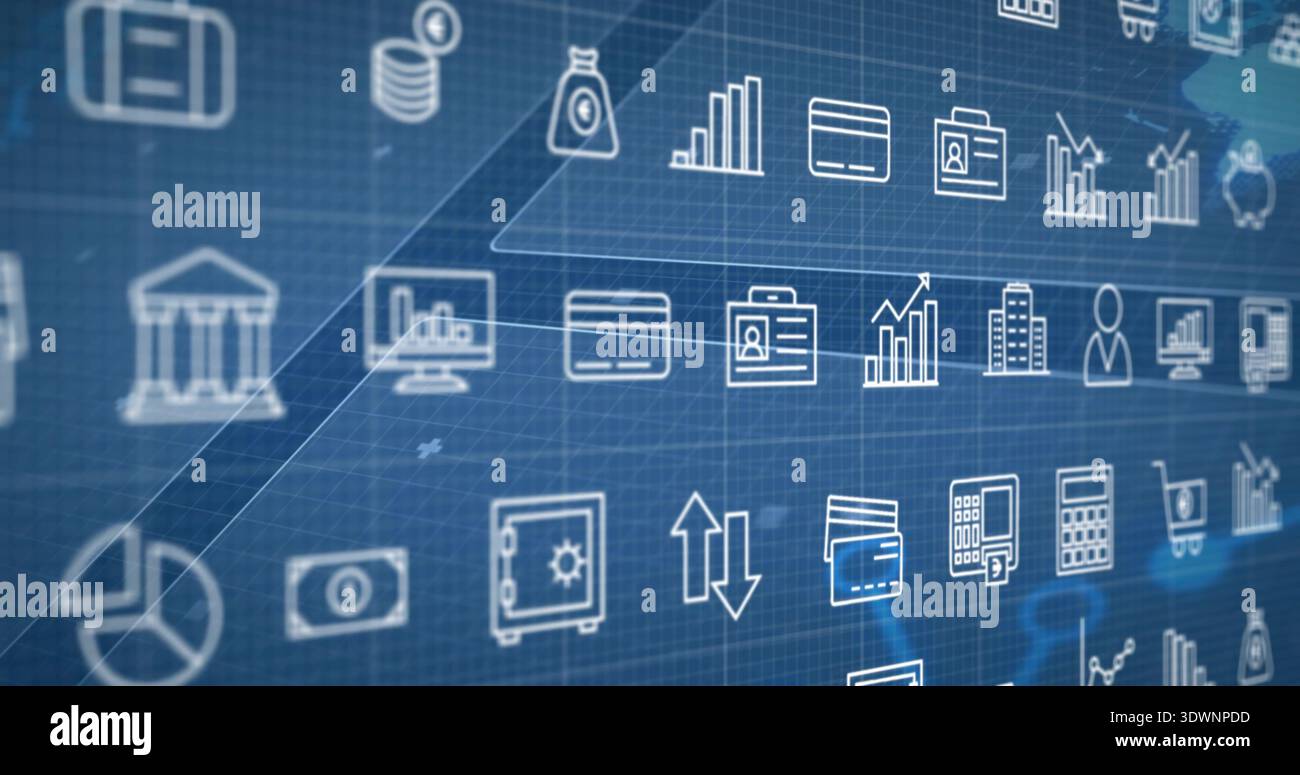 Visualizzazione di una fitta griglia di icone finanziarie centrate sul dashboard digitale, con banca, schermo, scheda Foto Stock