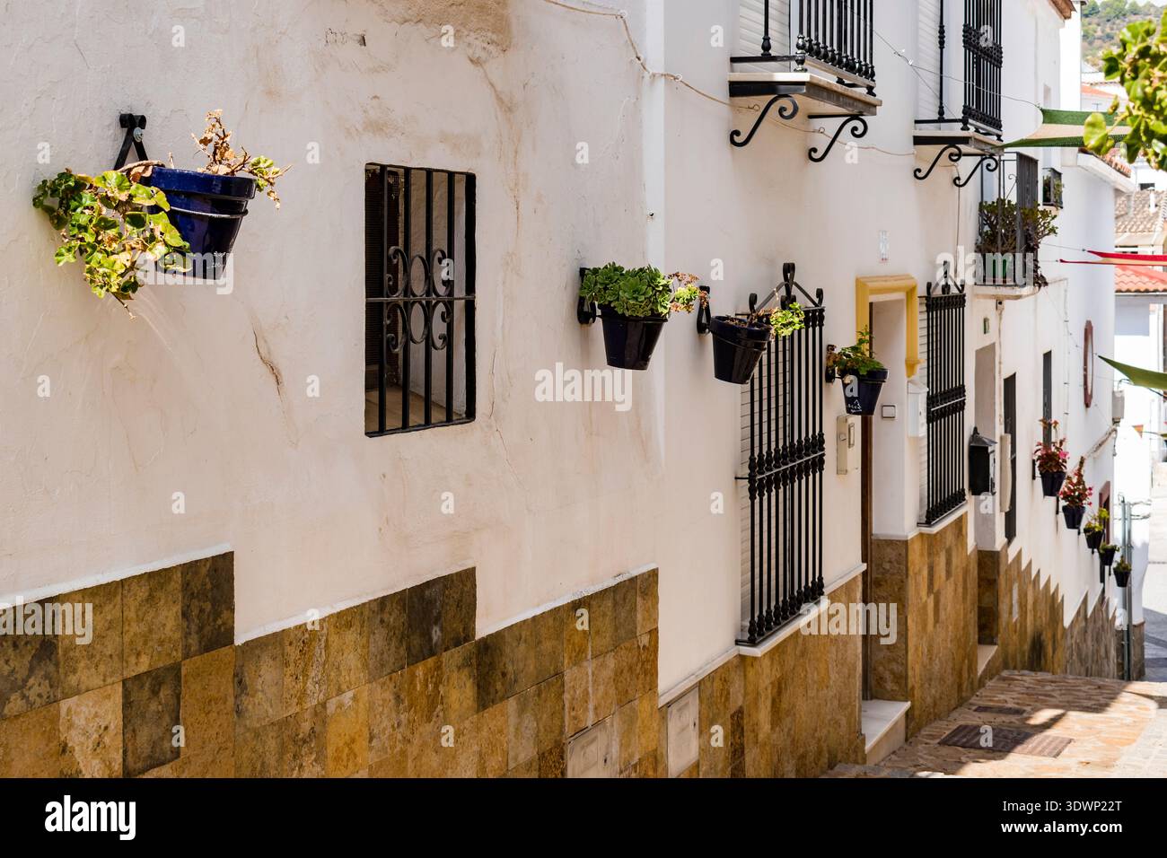 Strada stretta e ripida nel centro storico. Yunquera, Málaga, Andalucía, Spagna, Europa Foto Stock