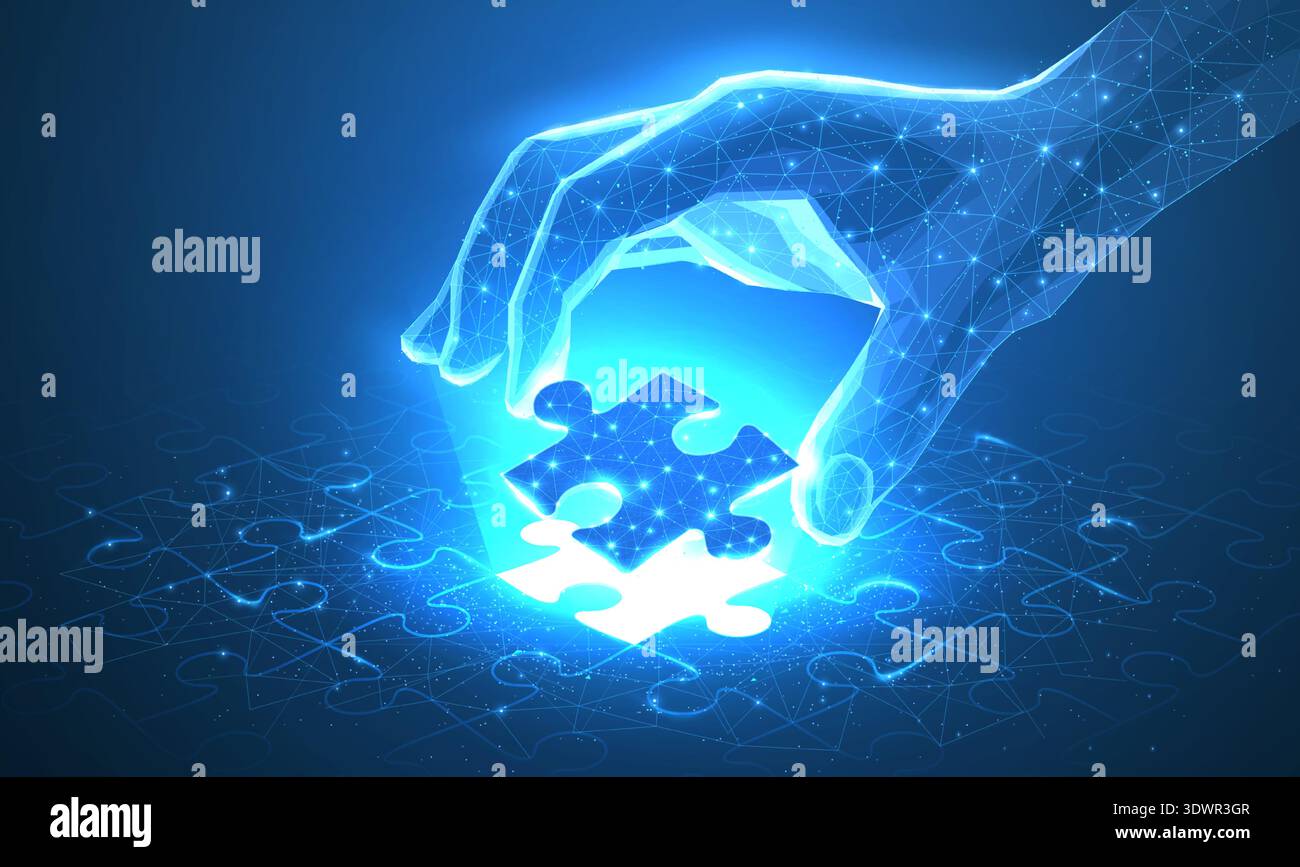 Puzzle. Strategia aziendale, soluzione di successo, simbolo dei videogame. Metafora dell'idea. Idea creativa, connessione, sfida, unisciti a noi concetto Illustrazione Vettoriale