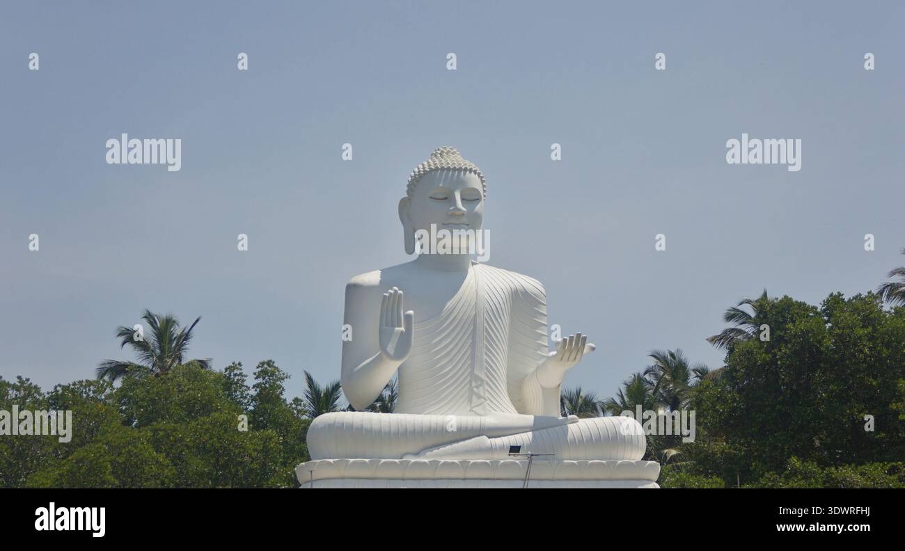 Grande statua bianca di Buddha circondata da alberi tropicali nello Sri Lanka Foto Stock