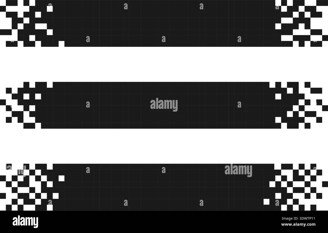 Intestazione rettangolo pixel. Titolo gradiente pixel impostato. Striscione a mosaico geometrico a strisce orizzontali. Schema digitale astratto del gioco. Forma del titolo nera a nastro Illustrazione Vettoriale