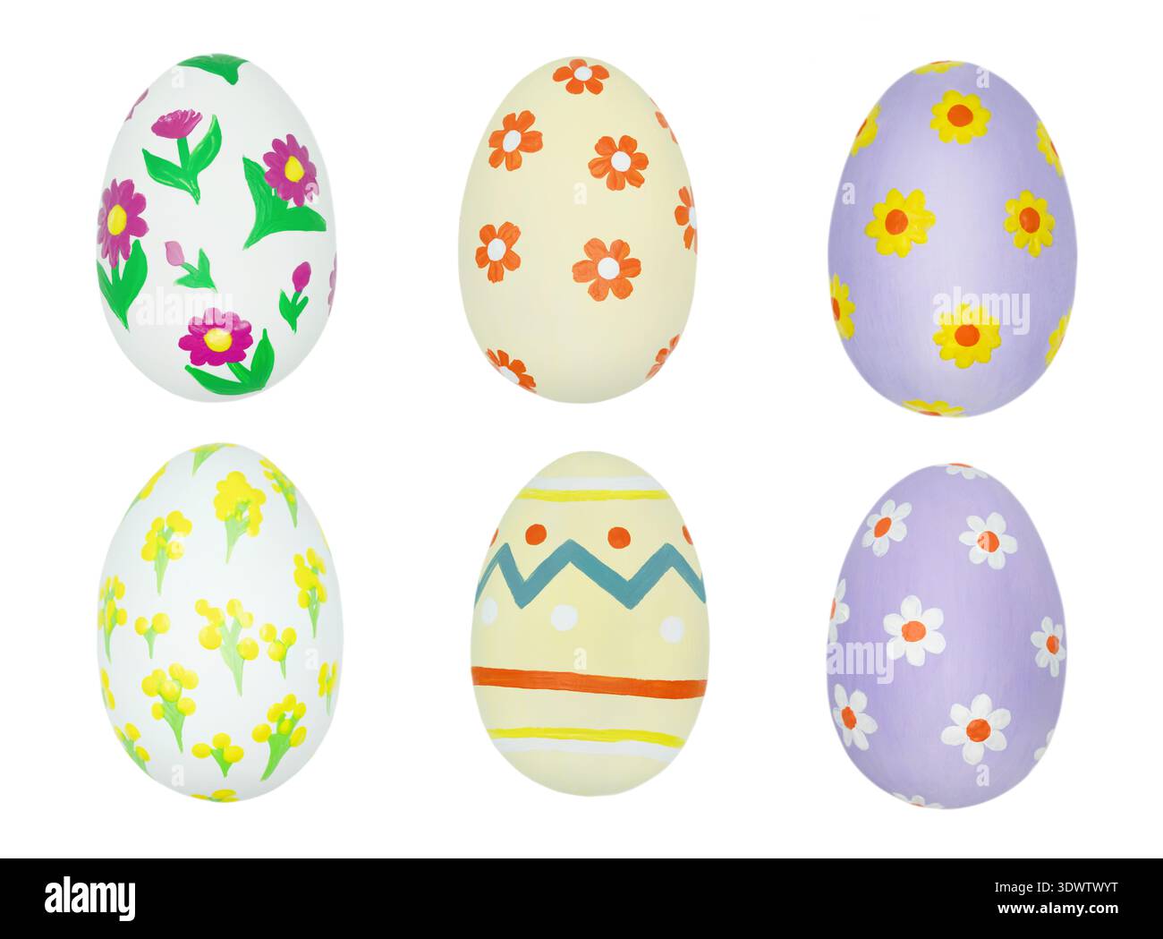 Uova di Pasqua colorate e decorate con motivi floreali e geometrici disposte in una griglia su sfondo trasparente per le festività primaverili Foto Stock