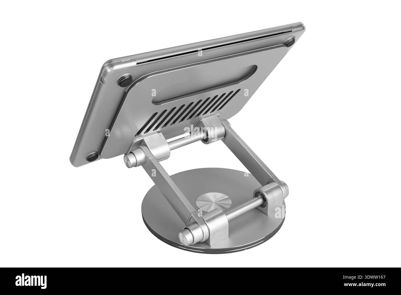 Piedistallo regolabile in alluminio per computer laptop con base girevole pieghevole, isolato su sfondo bianco Foto Stock