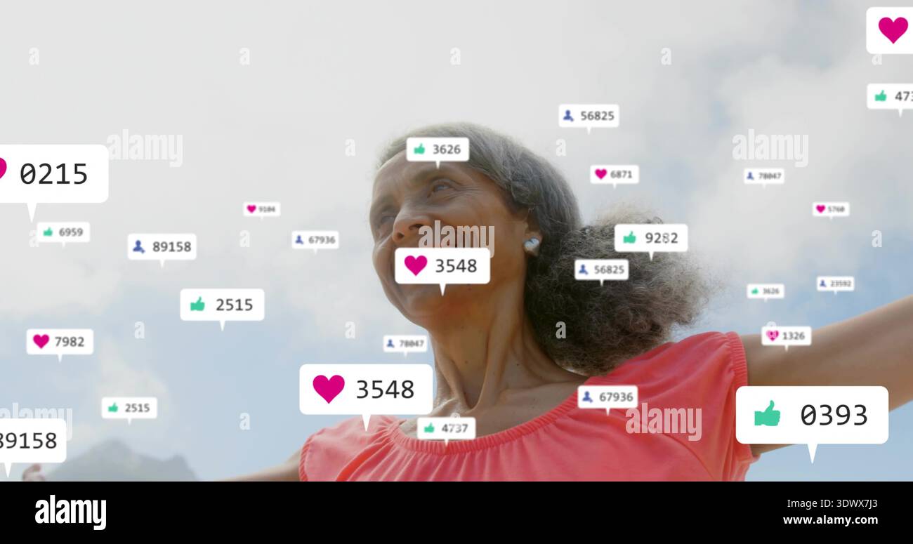 Raggiungere una donna anziana in cima al corallo, sollevare le braccia sotto il cielo luminoso tra icone fluttuanti, cresta a sinistra Foto Stock