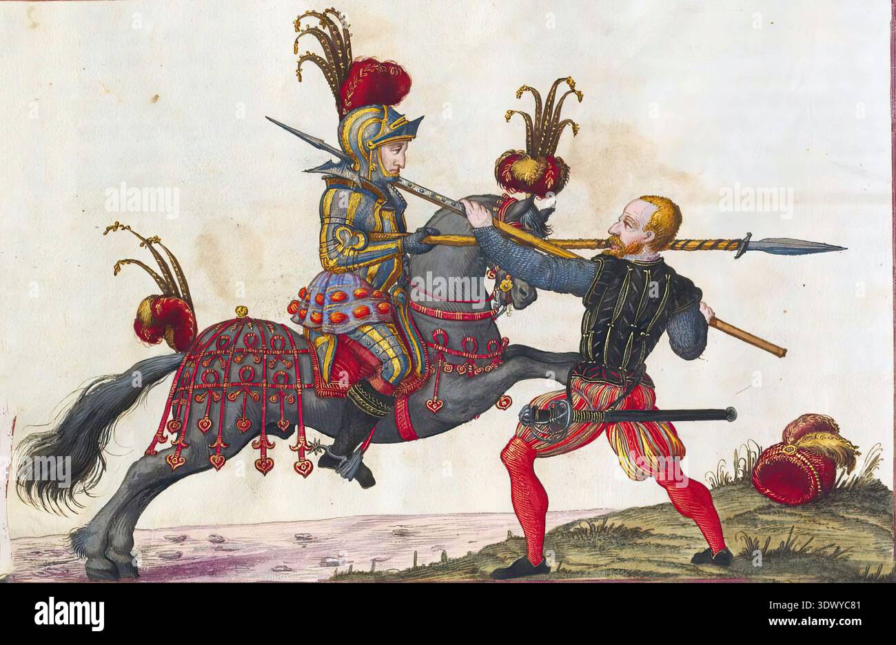 SEATTLE - 15 MAGGIO 2023 - due cavalieri medievali giocheranno con lance mentre cavalcano a cavallo, mostrando lo sfarzo e i combattimenti dell'epoca Foto Stock
