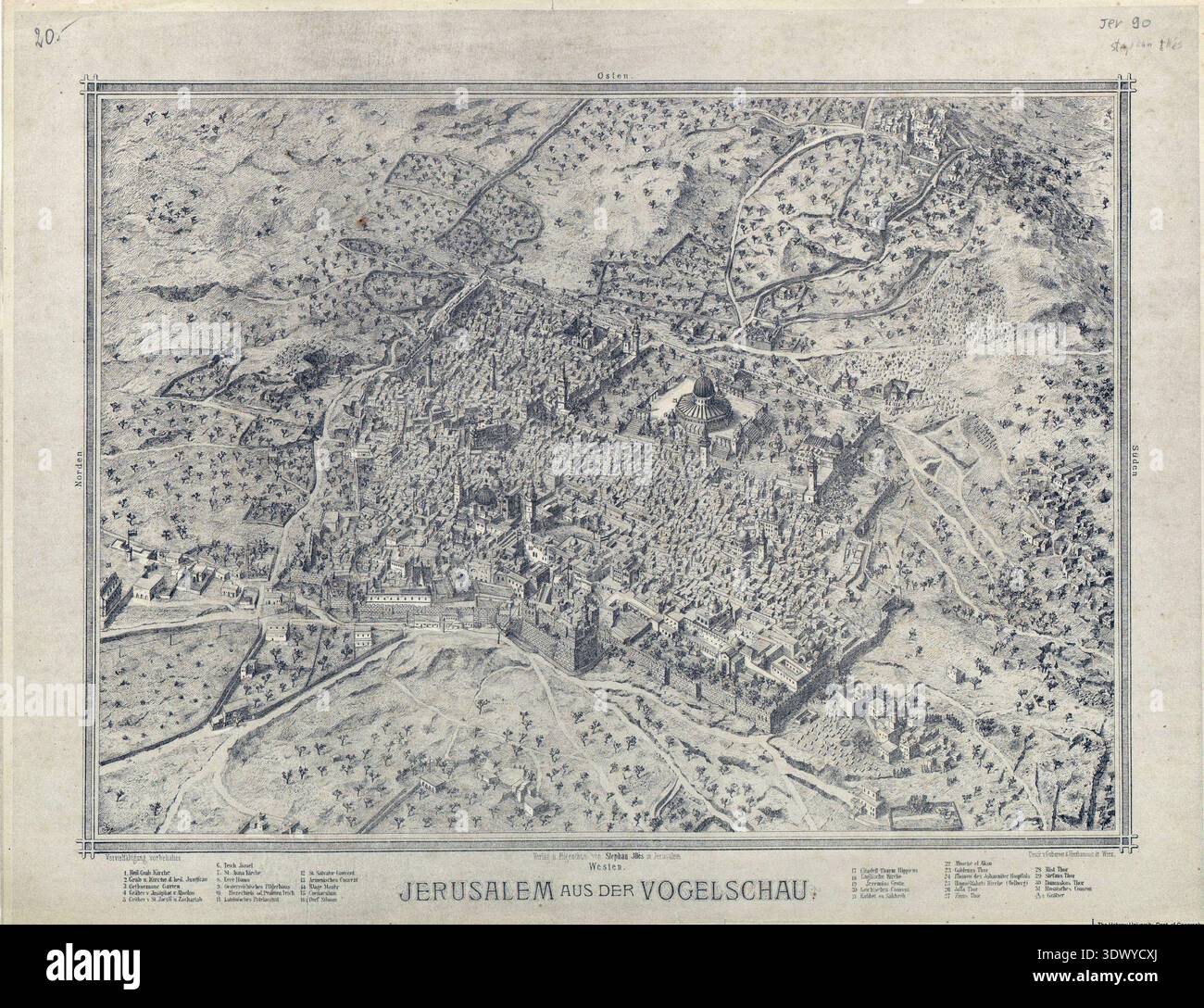 SEATTLE - 11 settembre 2022 - città storica di Gerusalemme, Medio Oriente, Israele, che appare come un'illustrazione dettagliata della mappa a volo d'uccello, che mostra l'antica ar Foto Stock