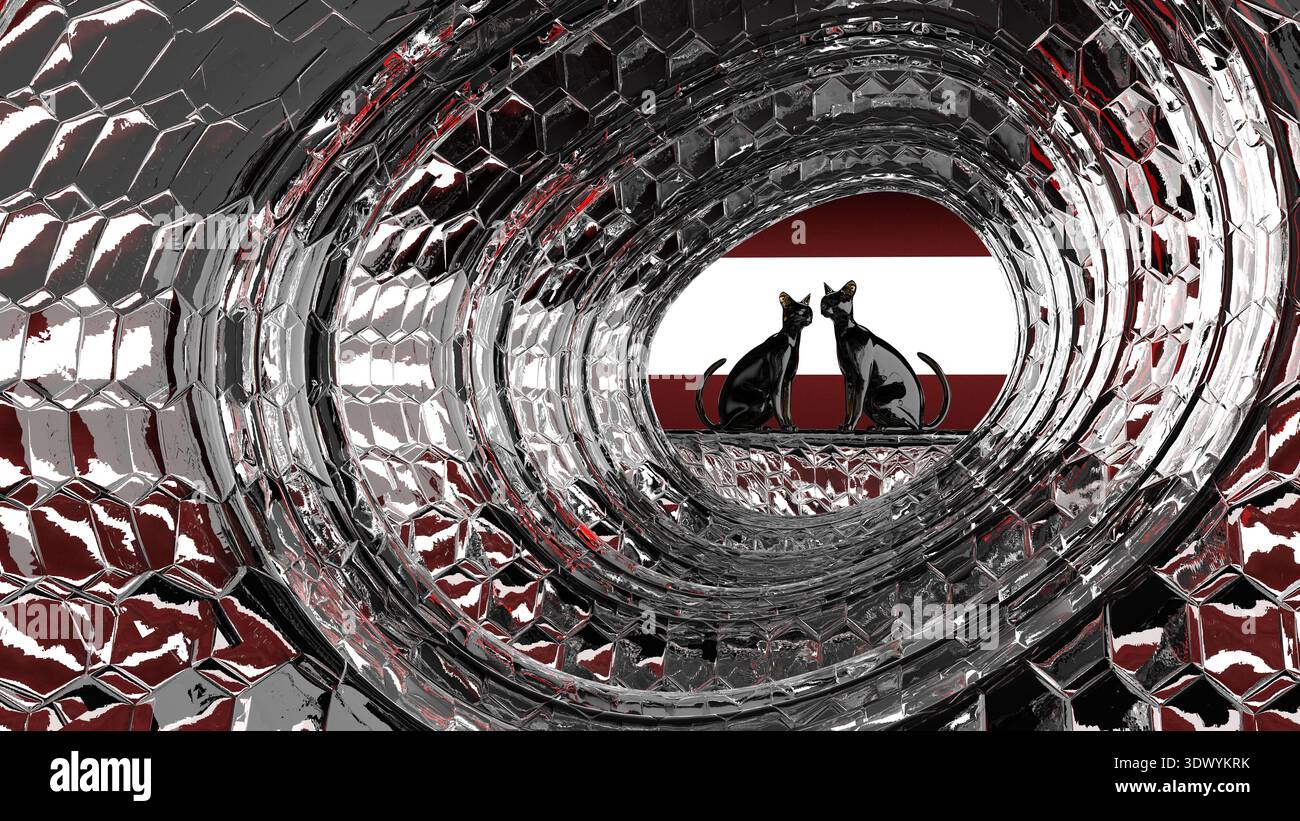 Due gatti neri si fronteggiano all'interno di un tunnel trasparente. Dietro di loro c'è uno sfondo rosso e bianco che mostra una bandiera. La scena è luminosa e colorata. Foto Stock