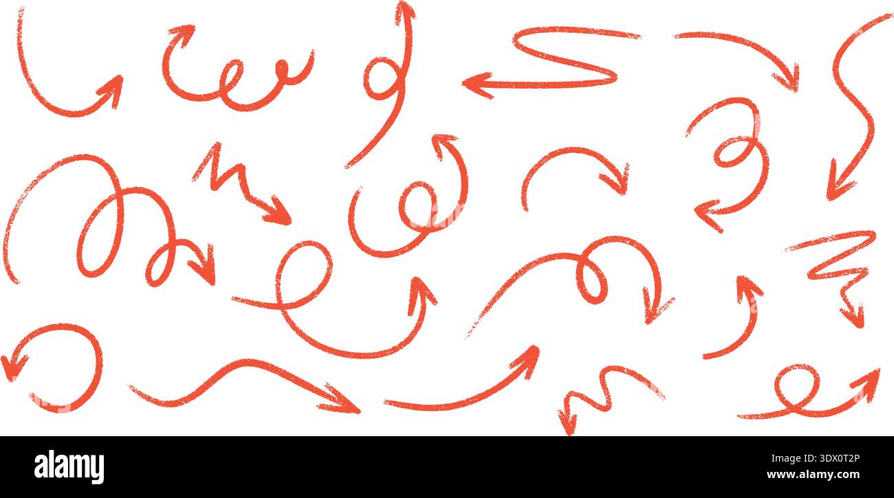 Freccia rossa in stile pastello, gesso e matita con elementi puntatore disegnati a mano. Illustrazione Vettoriale