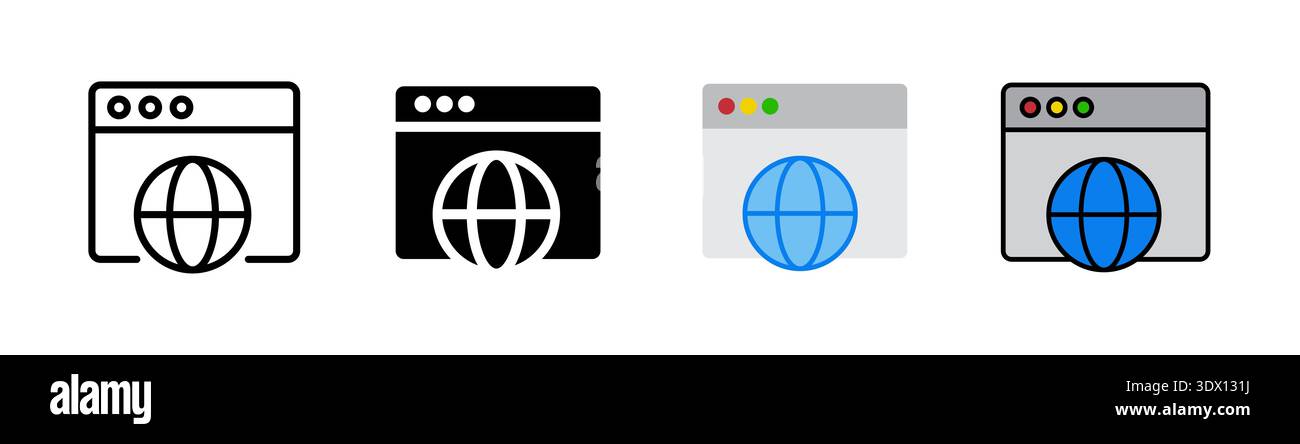 Set di icone del browser, traccia modificabile con contorni, glifo piatto e colore. Design delle icone relativo a Internet e sito Web. Foto Stock