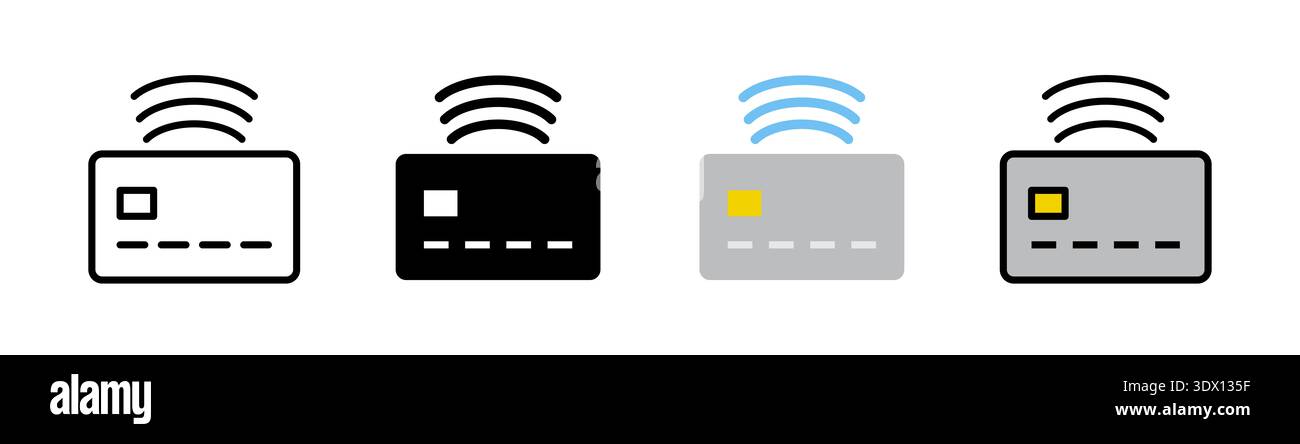 Icona della carta di pagamento contactless impostata in diversi stili visivi, tra cui tratti modificabili delineati, glifi solidi, variazioni piatte e a colori. Questo ic Foto Stock
