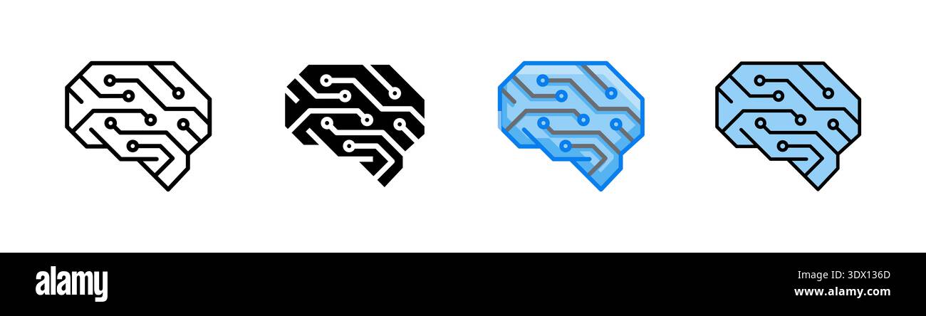 Un set di icone cerebrali artificiali con forma diritta contenente un modello di circuito interno strutturato. Adatto per la modellazione neurale, i framework ai e d Foto Stock