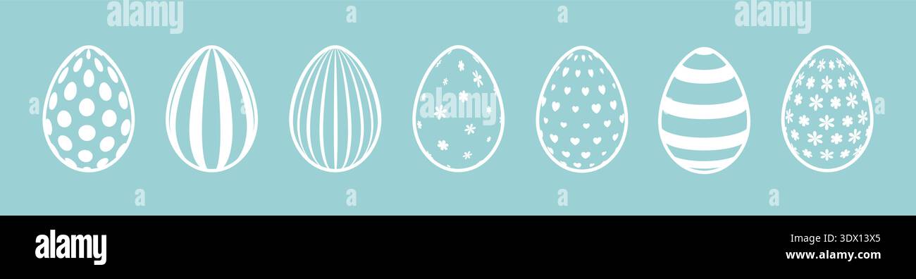 Set di silhouette bianche di uova di Pasqua su sfondo blu. Illustrazione Vettoriale