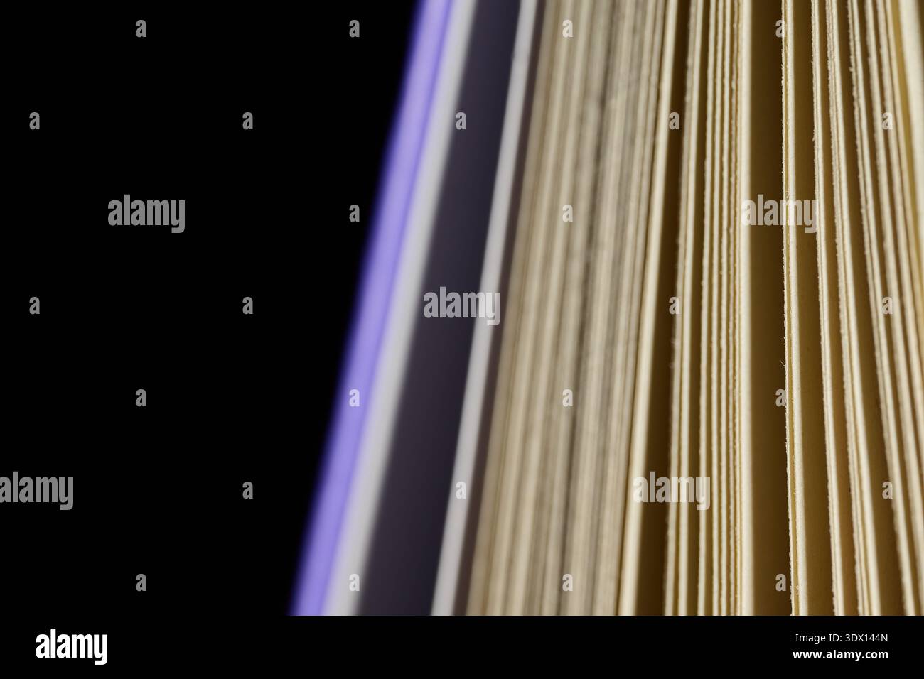 Primo piano estremo dei bordi della carta in un libro aperto su uno sfondo scuro con accenti chiari blu Foto Stock
