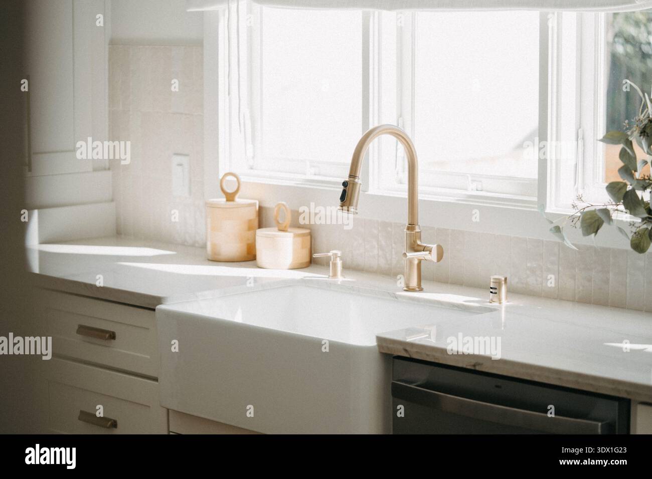 Finestra della cucina illuminata dal sole sopra il lavandino della casa colonica con rubinetto in ottone e piante interne in una luminosa cucina residenziale moderna. Foto Stock