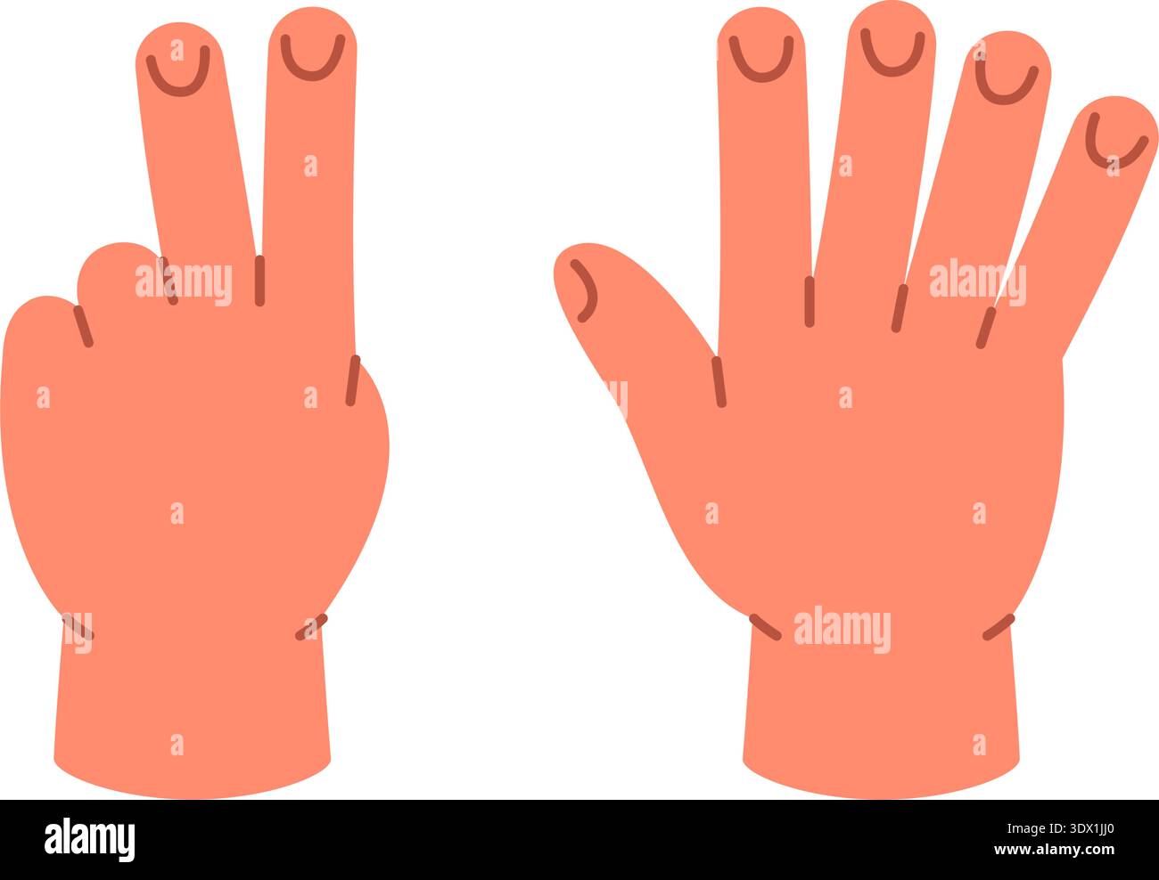 Mani che mostrano il numero 7 con cinque dita più due. Vettore di cartoni animati piatto per l'apprendimento dei numeri dei bambini e la grafica per la prima educazione Illustrazione Vettoriale