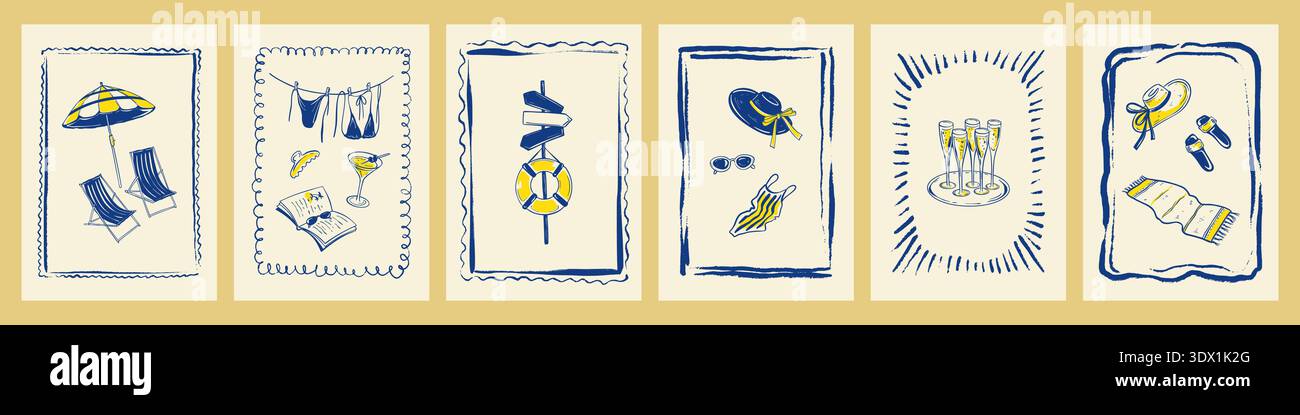 Set di poster disegnati a mano per le vacanze estive sulla costa, francobolli, cornici stravaganti per pastelli. Addio al nubilato, italiano, amalfitano, celebrati matrimoni francesi Illustrazione Vettoriale